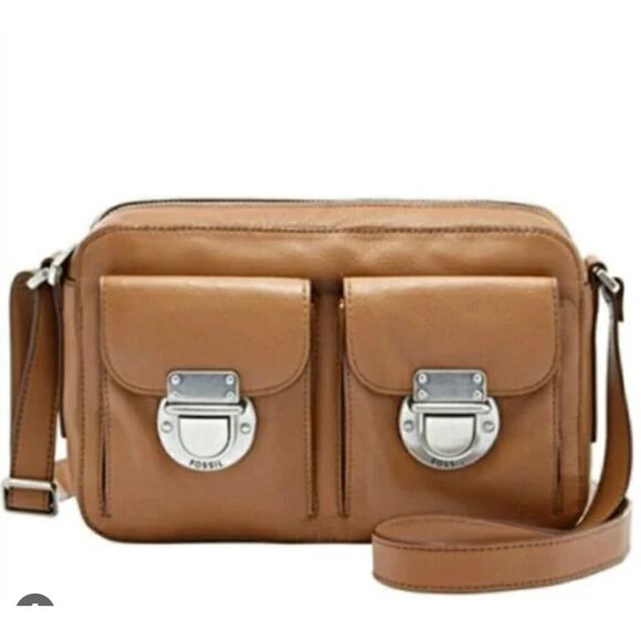 Fossil Brown Leather Crossbody Bag Double Front Pocket Adjustable Strap - Picture 1 of 6